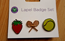 WIMBLEDON THE CHAMPIONSHIP CROSSED RACKETS STRAWBERRY TENNIS BALL BADGE SET