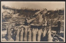 WW1 Vintage RPPC postcard British Royal Artillery / Mortar in Pit with Shells