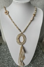 Gorgeous Beige Gold Longline Statement Lagenlook Beaded Tassel Necklace BNWT B2