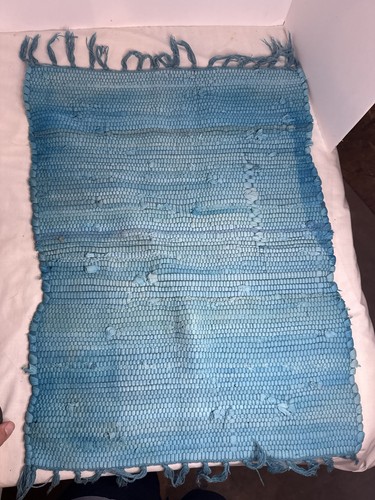 Vintage blue rag rug 28x20 - blue, rug,