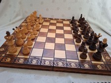 Vintage Large Wooden Chess Set Hand Carved Folding Inlaid Board