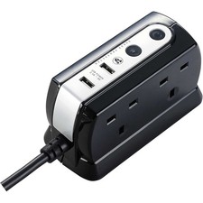 Masterplug 4 Gang Extension Lead 2m Black Surge Protected 2x USB Sockets UK
