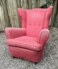 Antique Vintage Wingback Armchair Salmon Pink Red Fabric Fireside Lounge