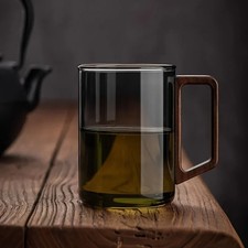 400ml Glass Cup Walnut Handle Heat Resistant Mug Tea Coffee Drinking Glasses