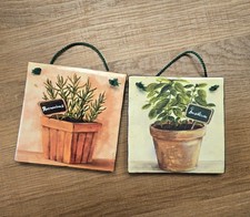 41j Set Of 2 Hanging Decorations Terracota Tiles Herbs Rosemary Basil Painted