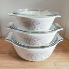 Vintage Corning Ware Pyrex: Blue Iris: Casserole Dishes X 3 With Lids