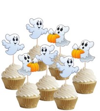 24 Precut Ghost Pumpkins Food Cupcake Toppers Picks Party Halloween Decorations