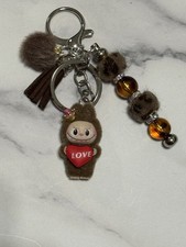 Labubu Checkmate Brown Standing Mini Figure Bag Charm Keychain W/ Tassel & Beads