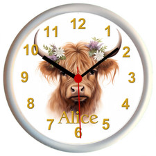 Personalised HIGHLAND COW WITH FLOWERS Wall Clock