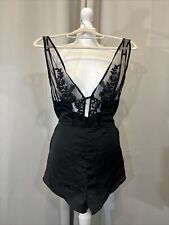 BLACK SEXY EMBROIDERED LIQUID SATIN NEGLIGEE CHEMISE LINGERIE TEDDY M L6