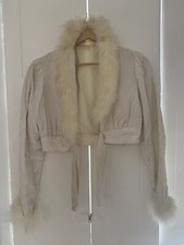 Vintage 70s White Velvet Marabou Trim Cropped Jacket