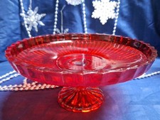 Red Overlay Glass Cake Stand Christmas Sweets 9"X4" Vintage Ref#J2