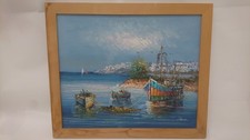 Vintage Framed Seascape Oil Painting Boats Coastal Town Signed Billin Collectors