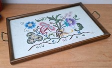 Vintage Antique Wooden Serving Butlers Tray Brass Handles Embroidery Glass