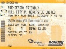 Ticket - Hull City v Newcastle United 04.08.03 Pre-Season Friendly
