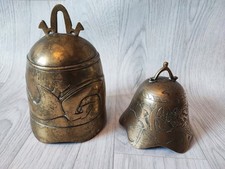 2 TIBETAN CHINESE ORIENTAL BRONZE BRASS TEMPLE BELL BUDDHISM DRAGON PATINA GONG