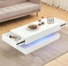 Coffee Table with LED Lights, High Gloss Living Room Table with 2 Drawers, White