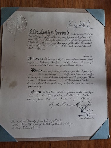 Obe certificate 1965 signed - obe,