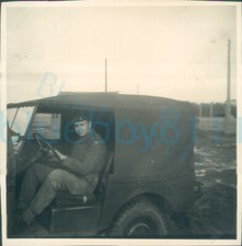 1950s Belgian Army Photo Soldier sat in Jeep 3.25x3.25"