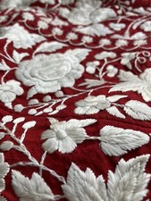 Antique 1880s / 1900s Hand Embroidery On Red Wool Patched Together Panel Fabric