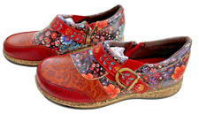 Socofy  handmade genuine leather red floral retro  flat shoes