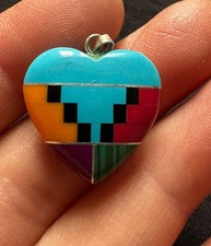 Vintage Navajo Gems Inlay Heart Silver Pendant