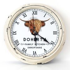 Personalised Kitchen Wall Clock Highland Cow Family Name Round Glass Gift KRC10