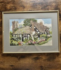 Vintage Framed Handmade Tapestry Thatched Cottage Gallery Wall Cottagecore Retro