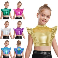 Kids Girls Crop Tops Metal Tank Top Adorned Dancewear Buttons Metallic Clothing