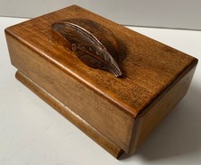 VINTAGE LARGE WOODEN CHEST CIGARETTE BOX CARVED LEAF TOP ART DECO ANTIQUE WOOD