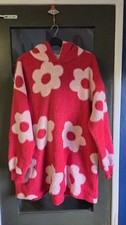 Primark Red & Pink Retro Flower Soft Stretch Hooded Cozy Fleece Jumper Size M/L