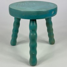 Vintage Rustic Small Painted Blue Wooden Plant Stand Stool with 3 Carved Legs