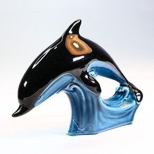 Vintage Poole Pottery Leaping Dolphin Figurine Black Blue Glazed Ornament 7"Rare