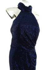 Lipsy Sequin Blue Dress Women's Halter Neck Dipped Hem Padded Lined Size 14 NEW