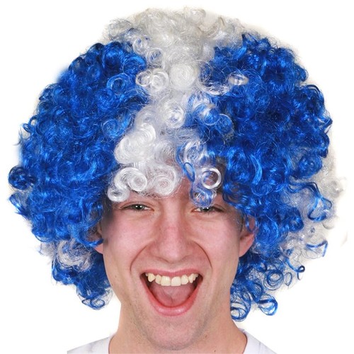 Blue afro wig white cross - white,