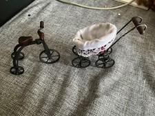 VINTAGE DOLLS HOUSE VICTORIAN STYLE PRAM AND TRIKE WOOD/METAL