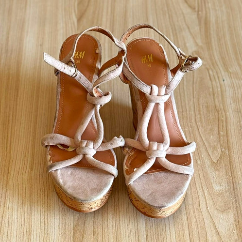 Beige suede strappy cork - suede,