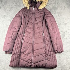 Tommy Hilfiger Womens Long Puffer Jacket Burgundy Hood Zip Closure Size Medium