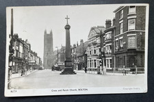 RPPC BOLTON CROSS AND PARISH CHURCH STREET SCENE SHOPS SWAN HOTEL LANCASHIRE