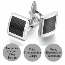 Unique Rhodium Plated Sturdy Checkered Square Silver Black Carbon Fiber Cufflink