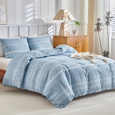 King Size Duvet Cover Set Geometric Blue Boho Stripe Print Ultra-Soft Microfibe