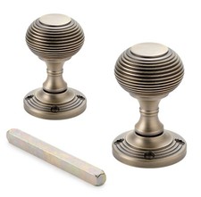 Antique Brass Beehive Mortice Door Knobs Pair 55mm Period Internal New Sprung