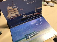 Greetings from Gosport Kent postcard hovercraft stamp1st class Solent tall ship 