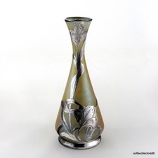 Loetz Candia Silberiris with Art Nouveau Floral Silver Overlay: Uranium Glass