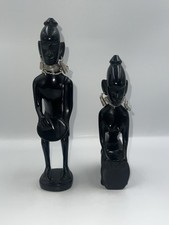 Gorgeous Pair African Ebony Figures Playing Drums Bongo Hand Carved Figurine 