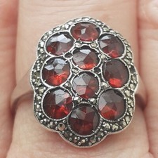 ANTIQUE GARNET RING SIZE N Silver with Marcasite Highlights 1930s