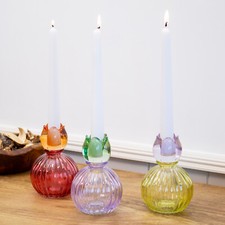 Set Of 3 Glass Tulip Candlestick Holders Ribbed Round Ball Base Flower Candle