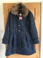 Joe Browns Woman's UK Size 16 Blue check patterned coat faux fur collar, short