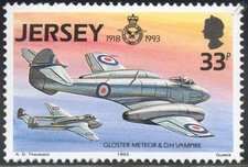 GLOSTER METEOR & dH VAMPIRE / RAF Aircraft Airplane Mint MNH Stamp (Jersey 1993)