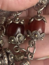 Very Old Cherry Amber Bakelite Antique Ornate Filigree Necklace